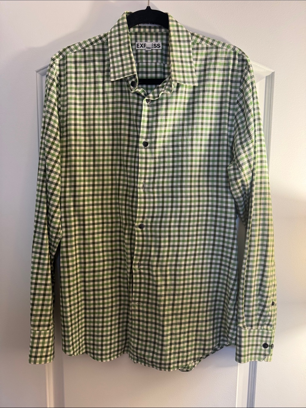Express Men’s Green and White Gingham Button-Down Shirt | Medium
